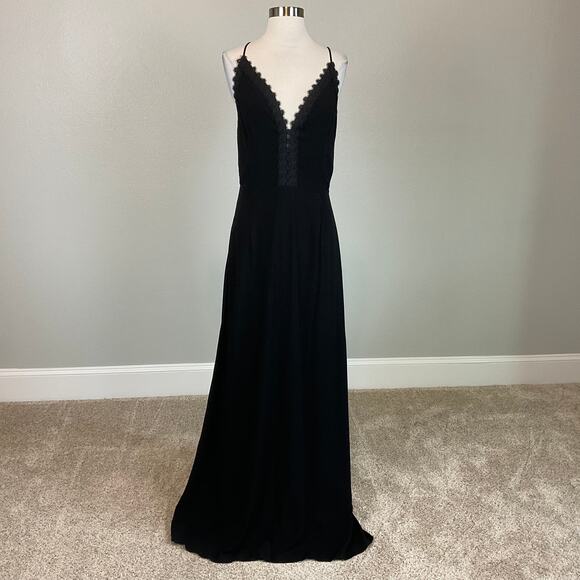 AQUA Backless Lace Trim Long A-Line Evening Gown Black Size 6 Medium Dress - Picture 3 of 11